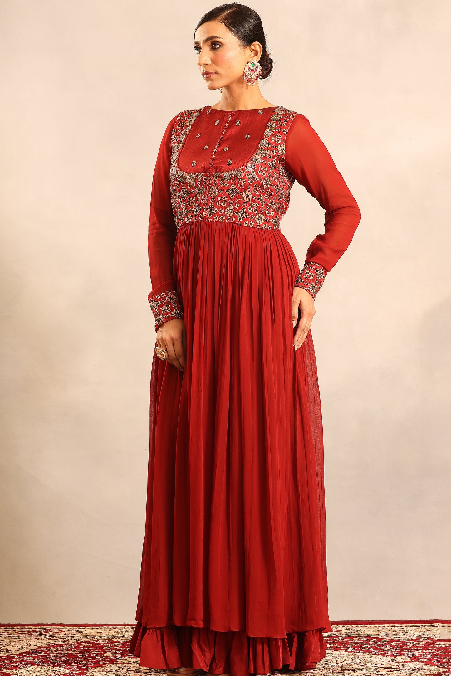 Maroon ajrakh embellished full sleeve gathered dress