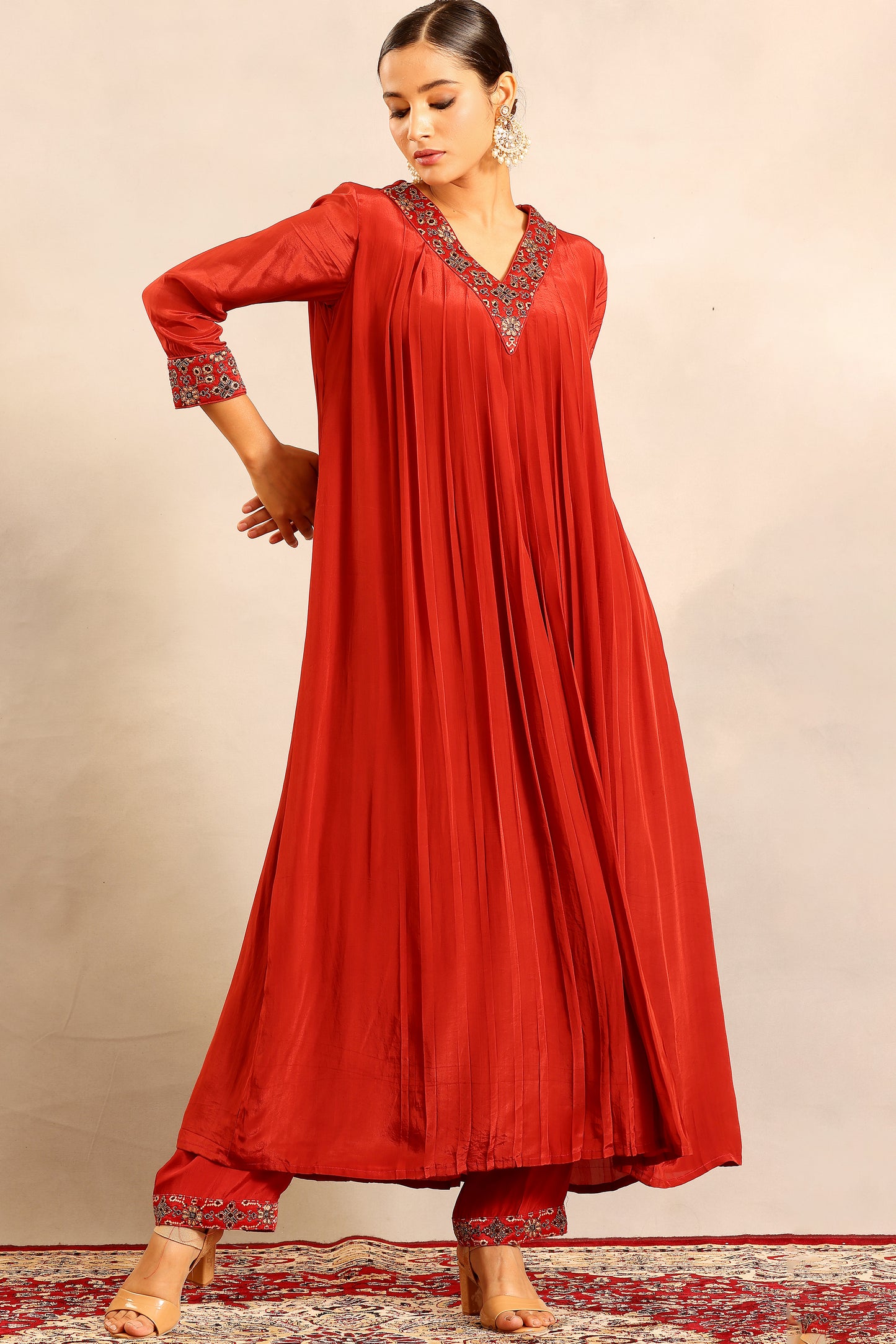 Scarlet red V neck gathered kurta with pants