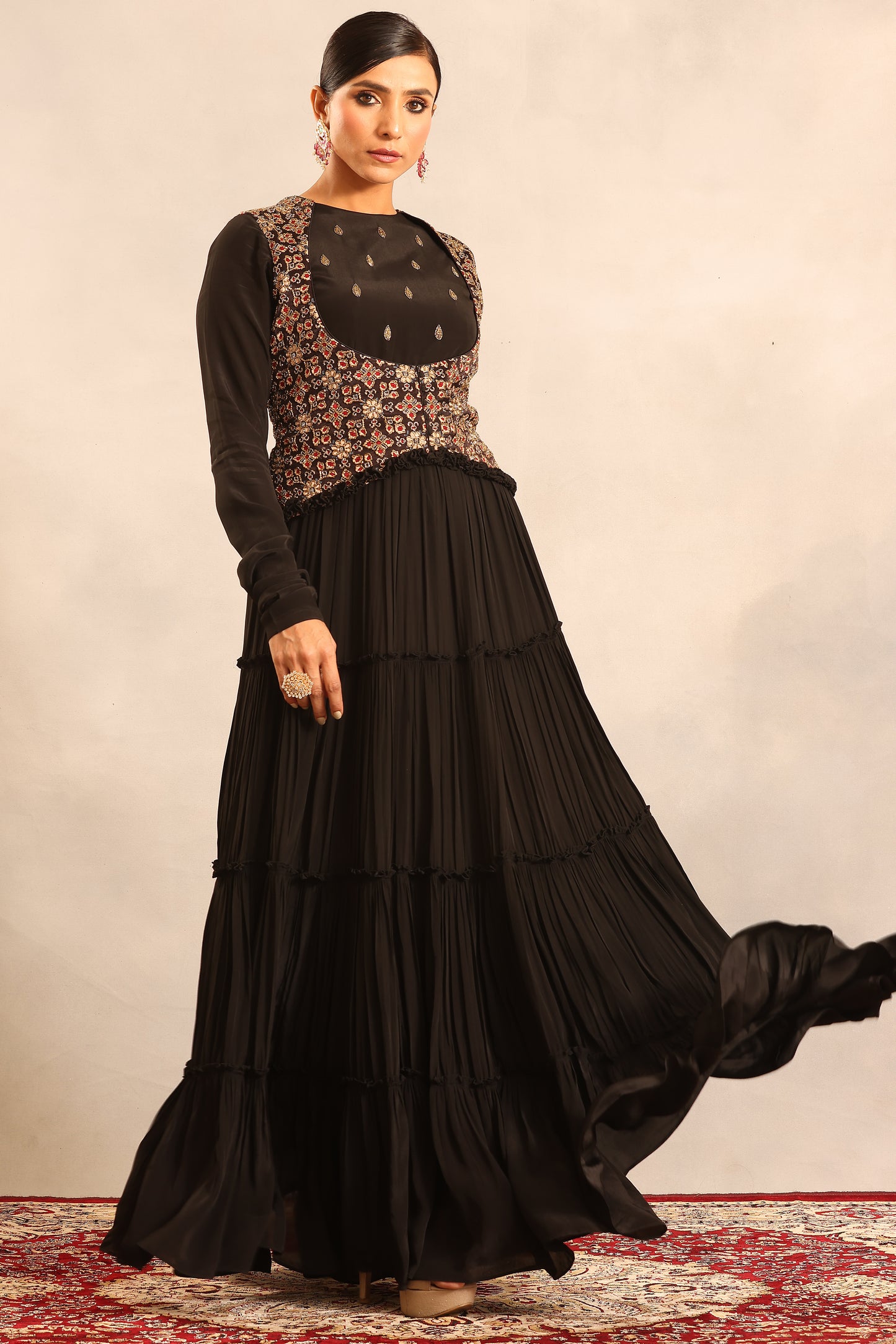 Black ajrakh embroidered full sleeve gathered dress