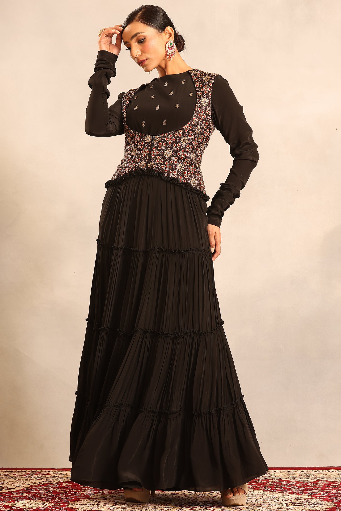 Black ajrakh embroidered full sleeve gathered dress