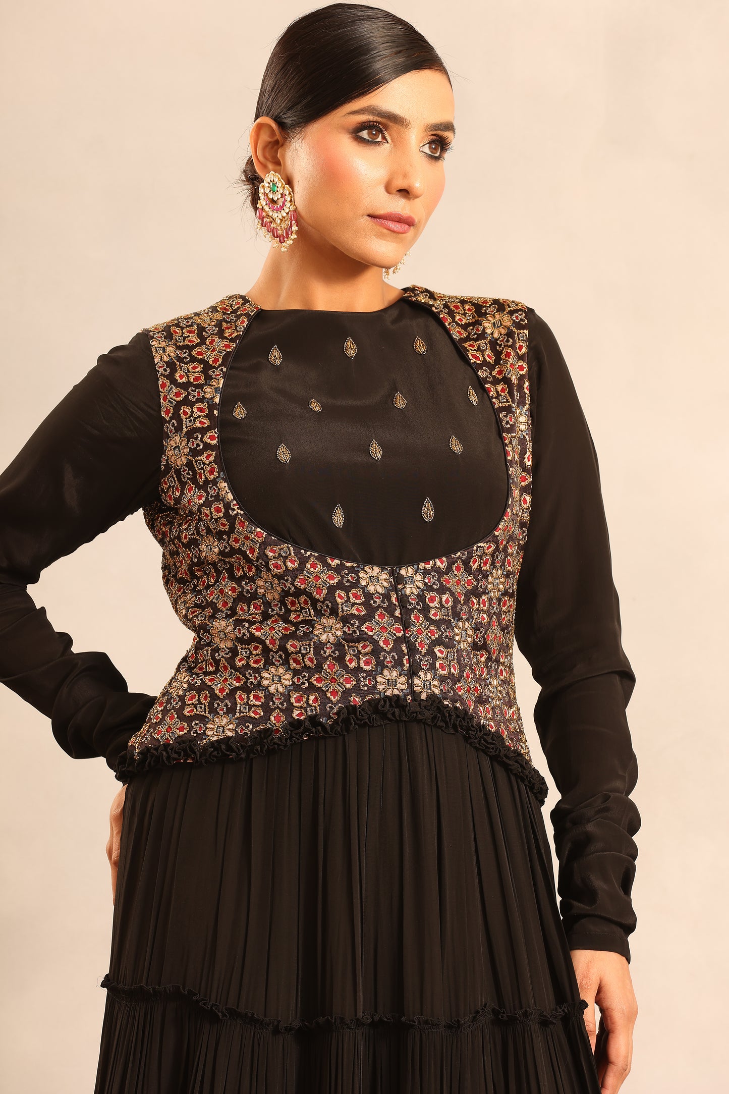 Black ajrakh embroidered full sleeve gathered dress