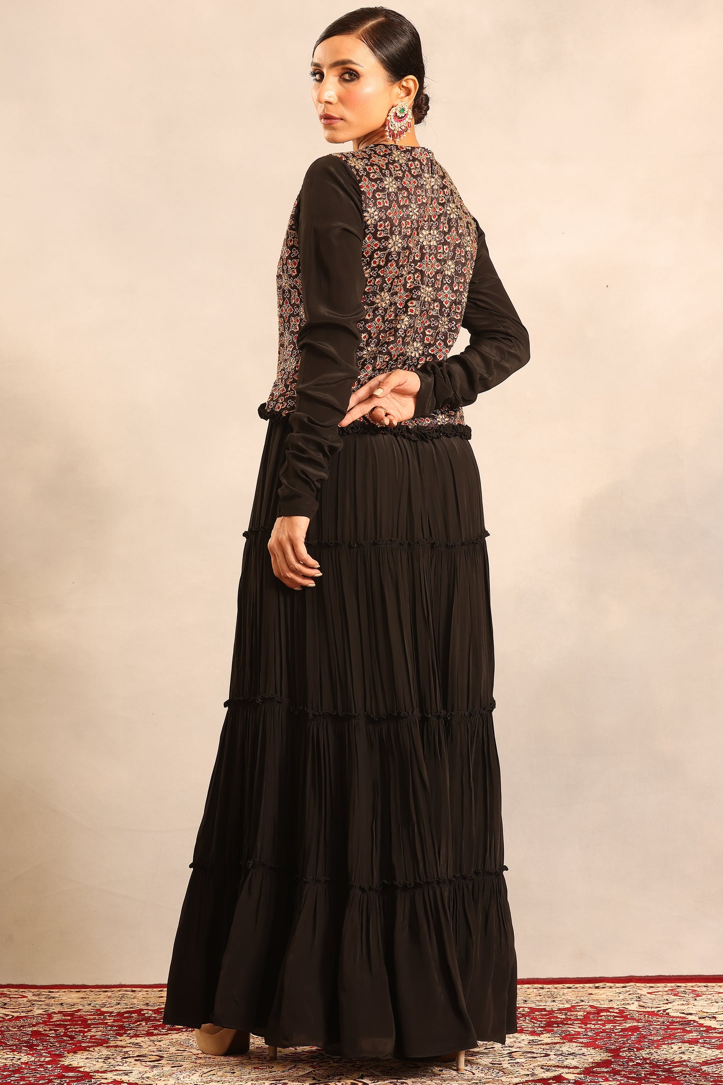 Black ajrakh embroidered full sleeve gathered dress