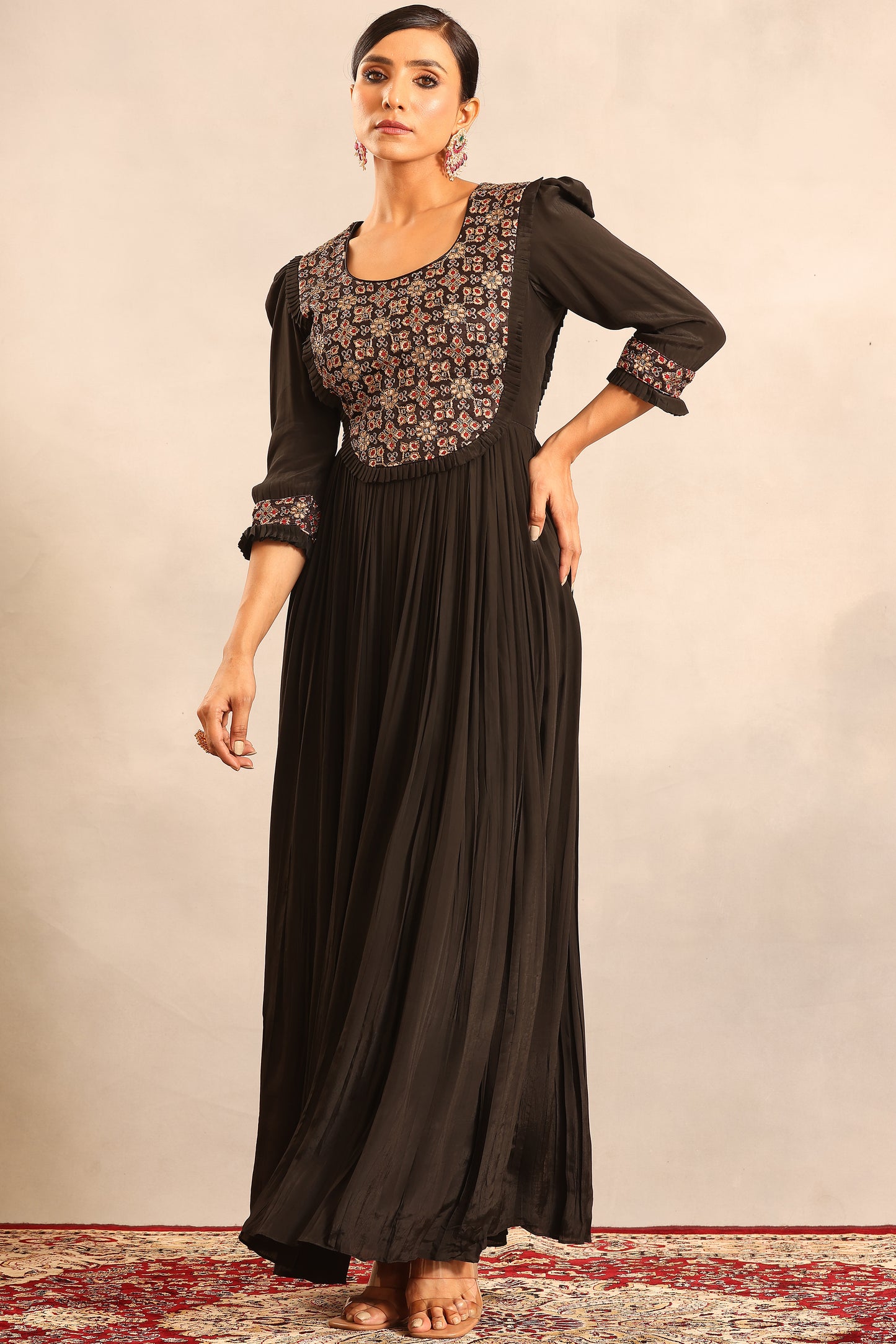 Black embellished ajrakh gathered dress