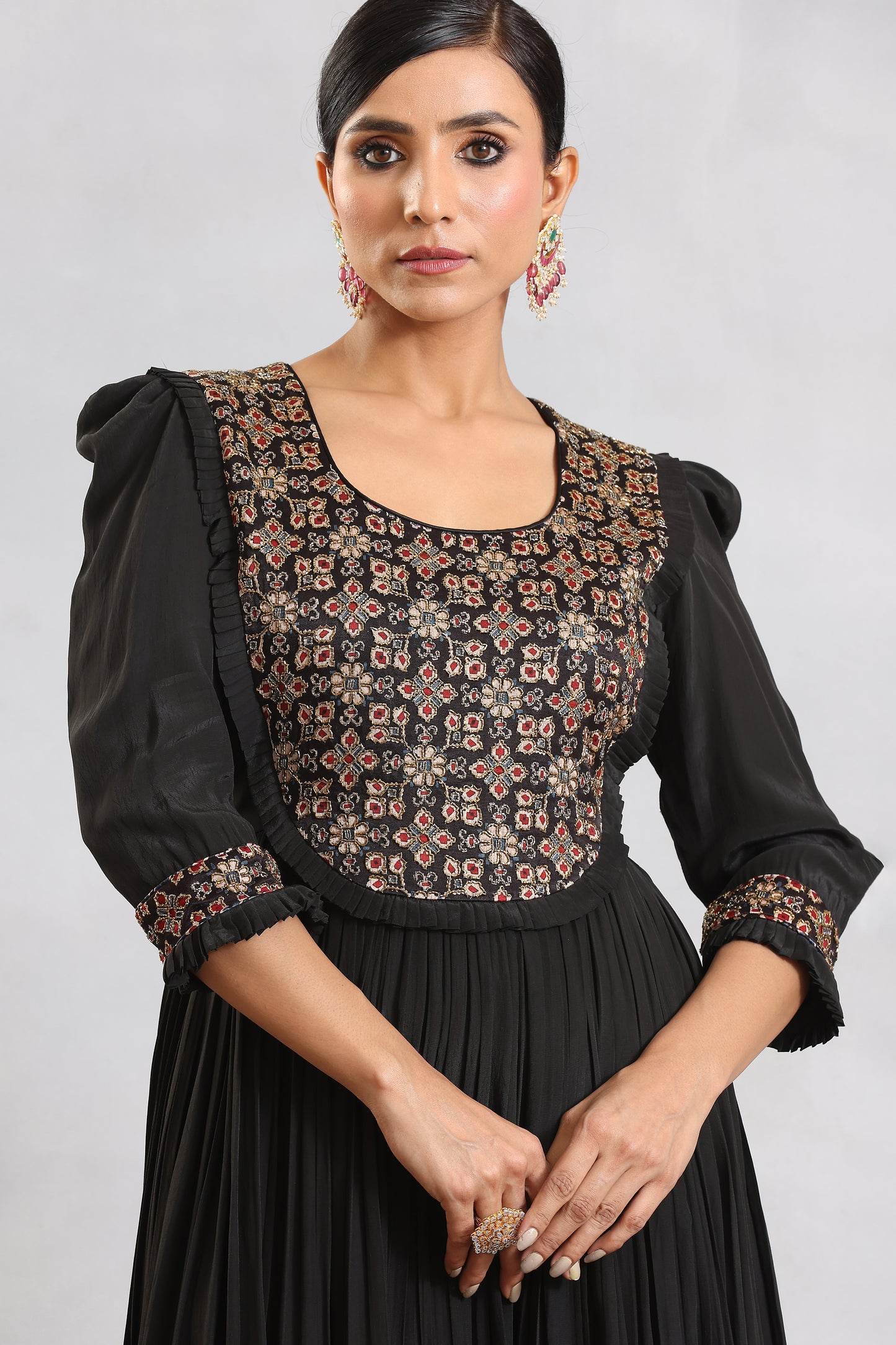 Black embellished ajrakh gathered dress