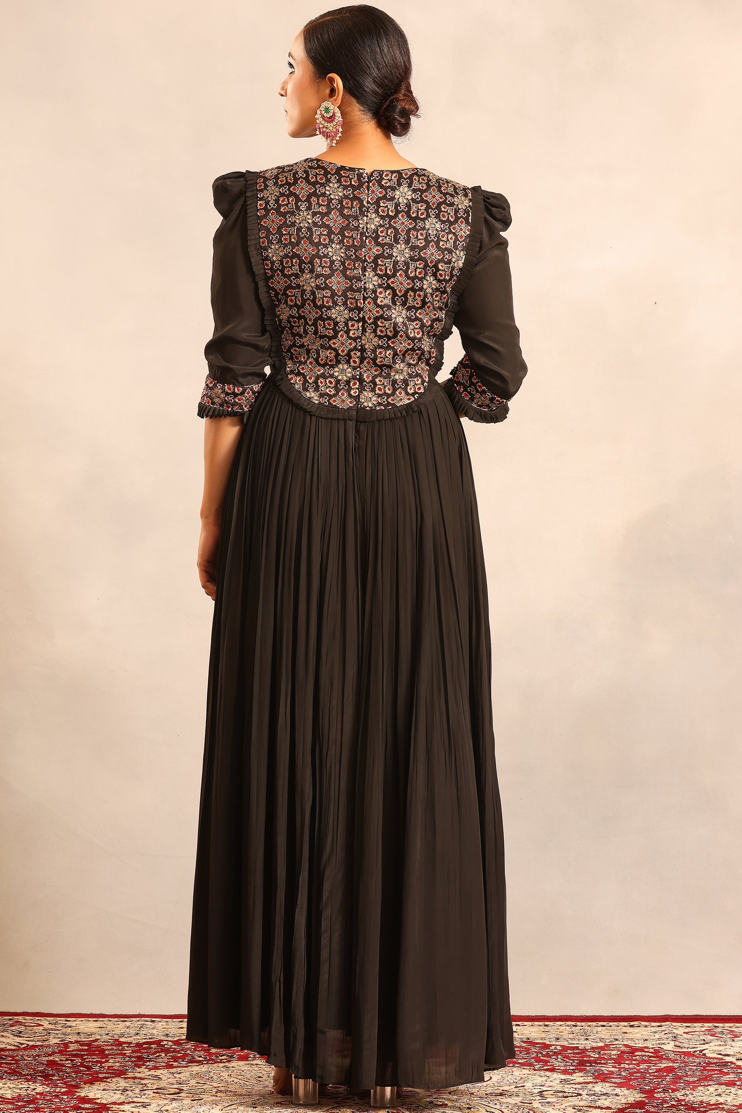 Black embellished ajrakh gathered dress