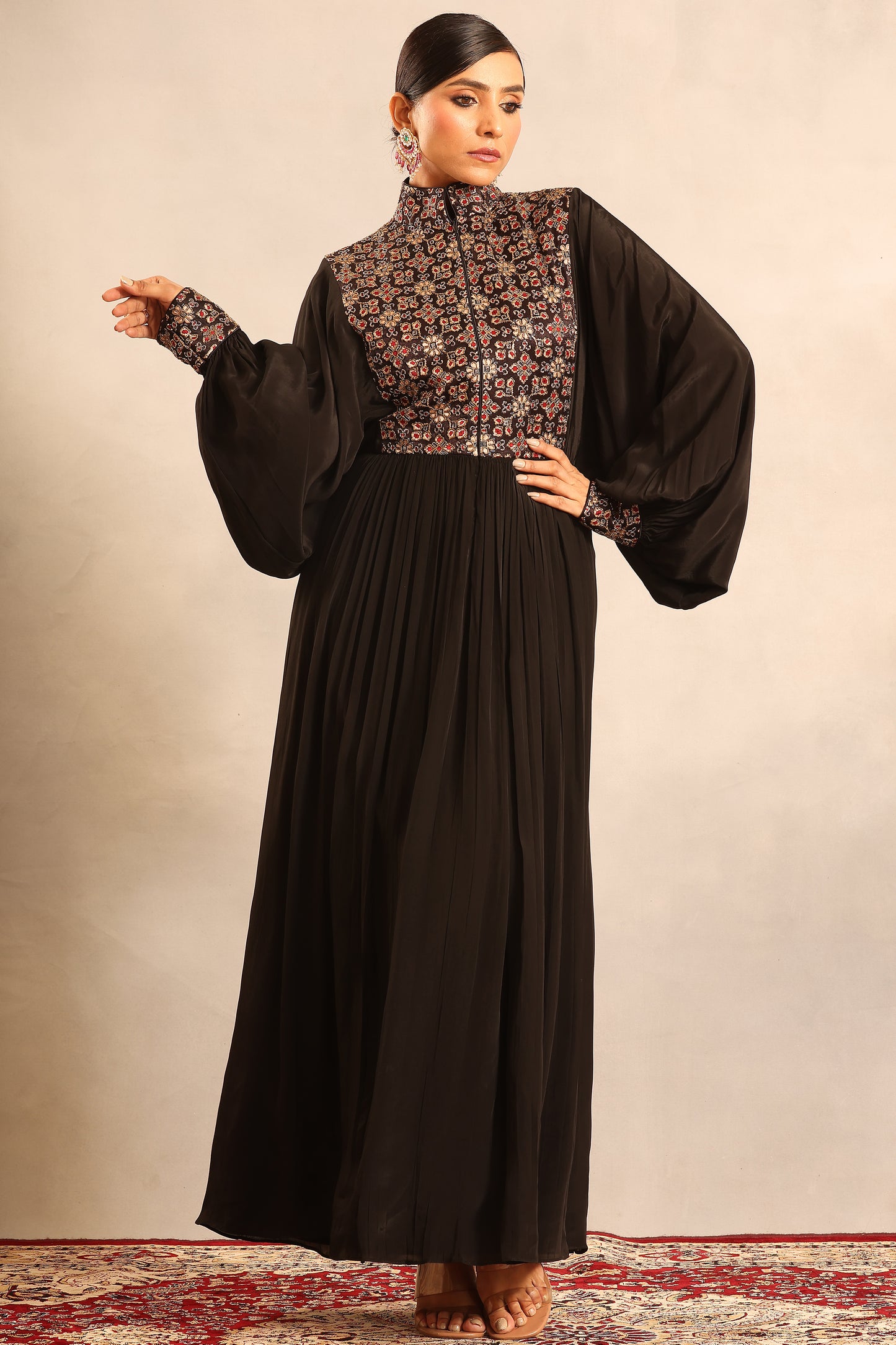 Black ajrakh embellished yoke butterfly sleeve gathered dress
