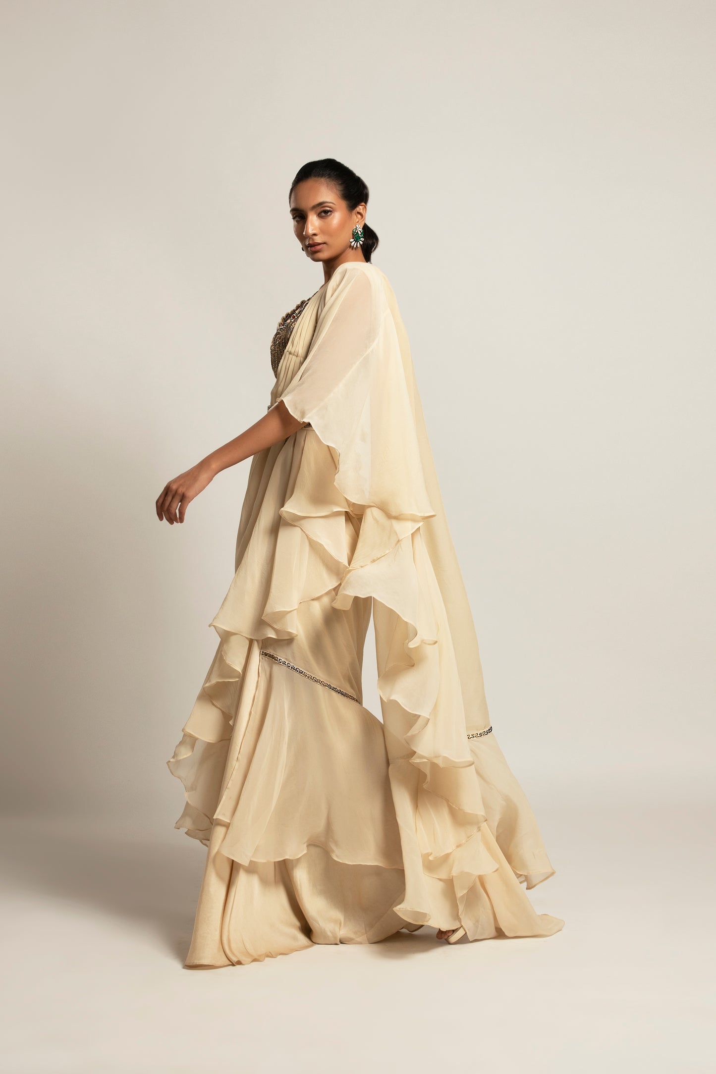 Beige Organza Ruffle Saree with Blouse