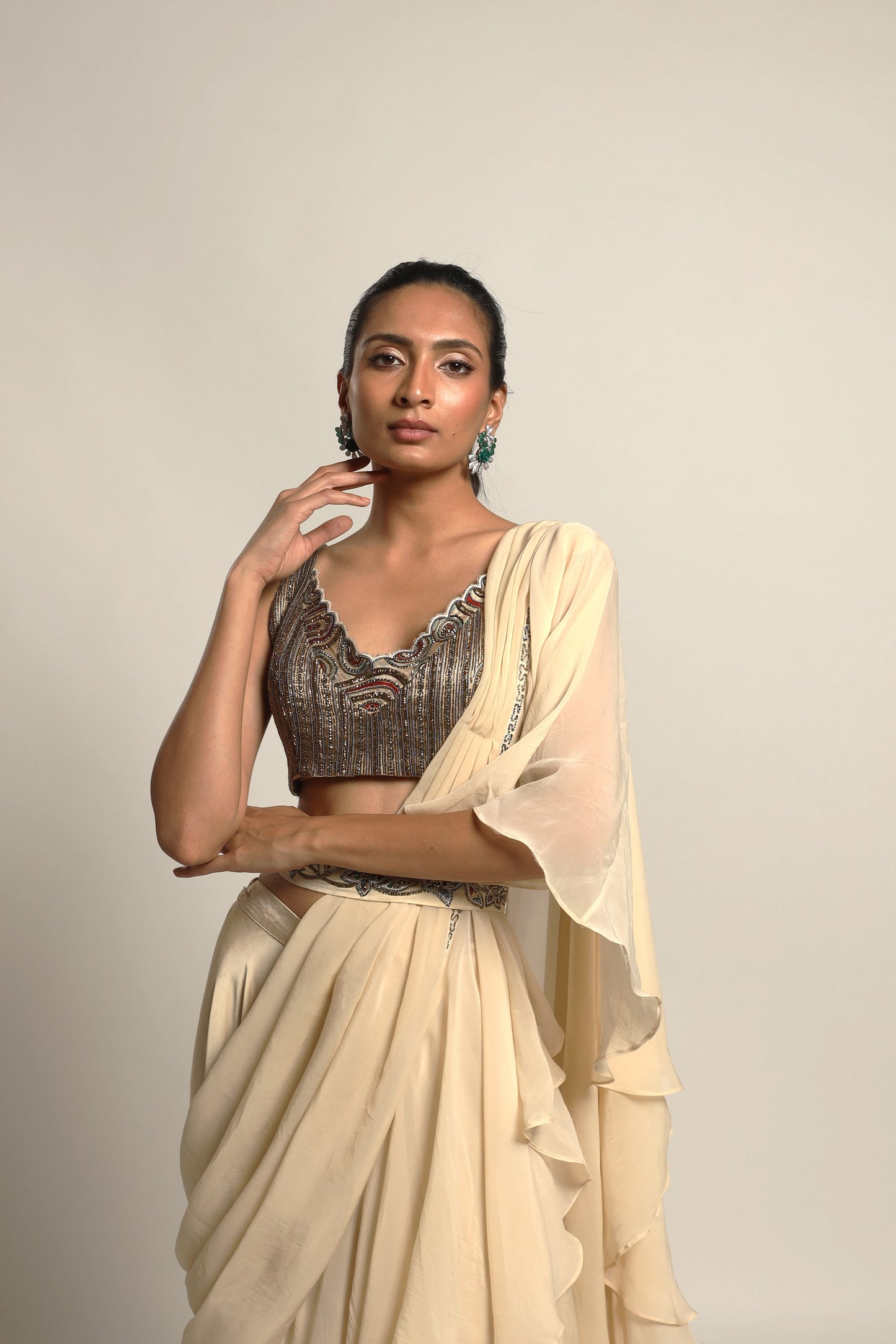 Beige Organza Ruffle Saree with Blouse