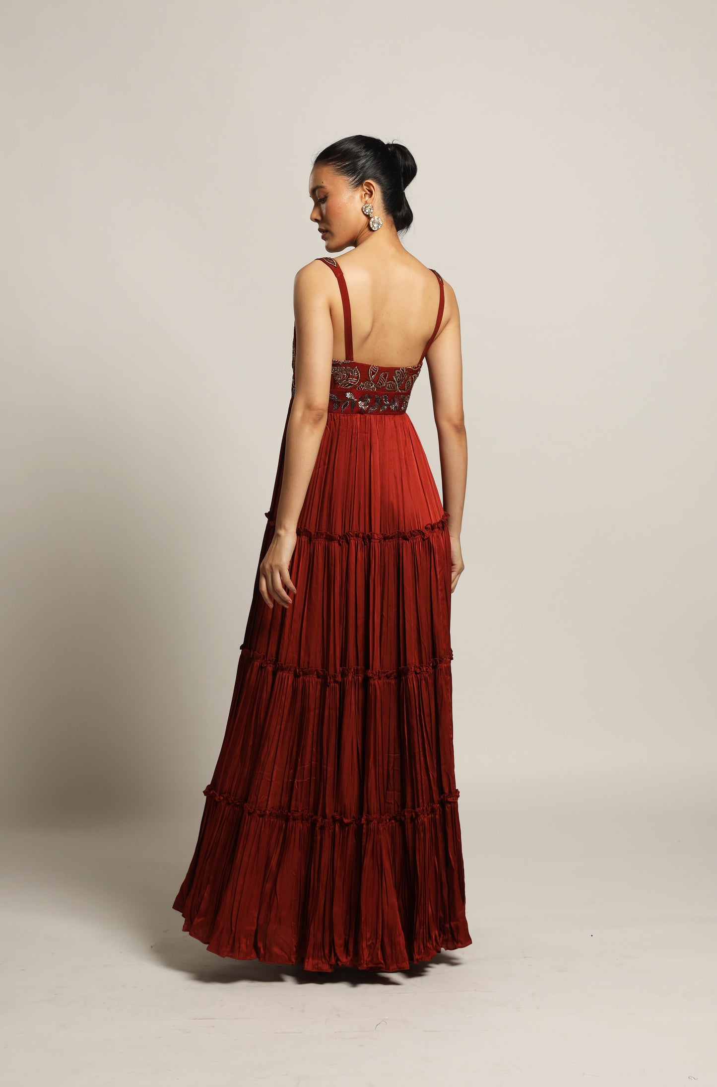 Maroon Embroidered Layered Gown with Jacket