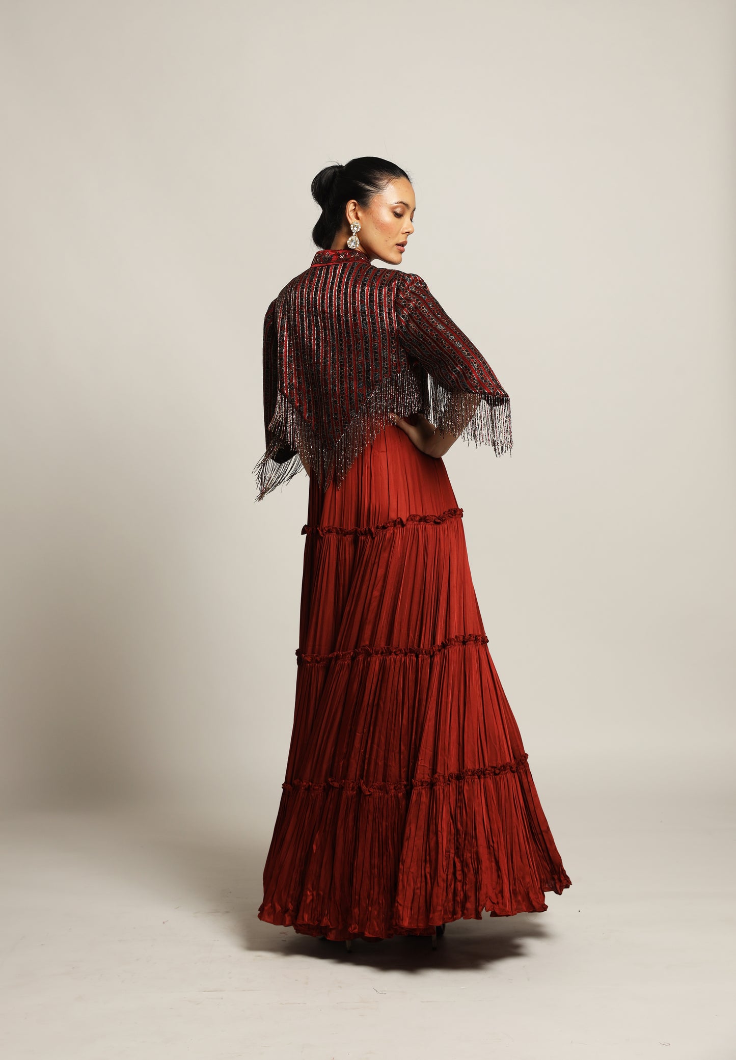 Maroon Embroidered Layered Gown with Jacket