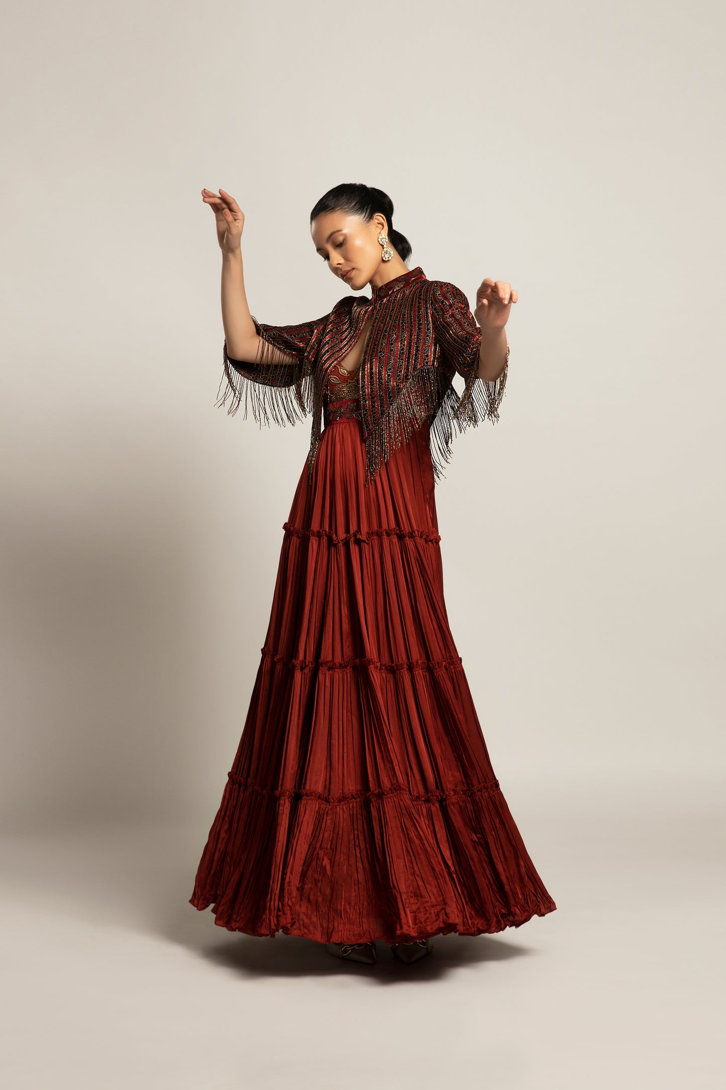 Maroon Embroidered Layered Gown with Jacket