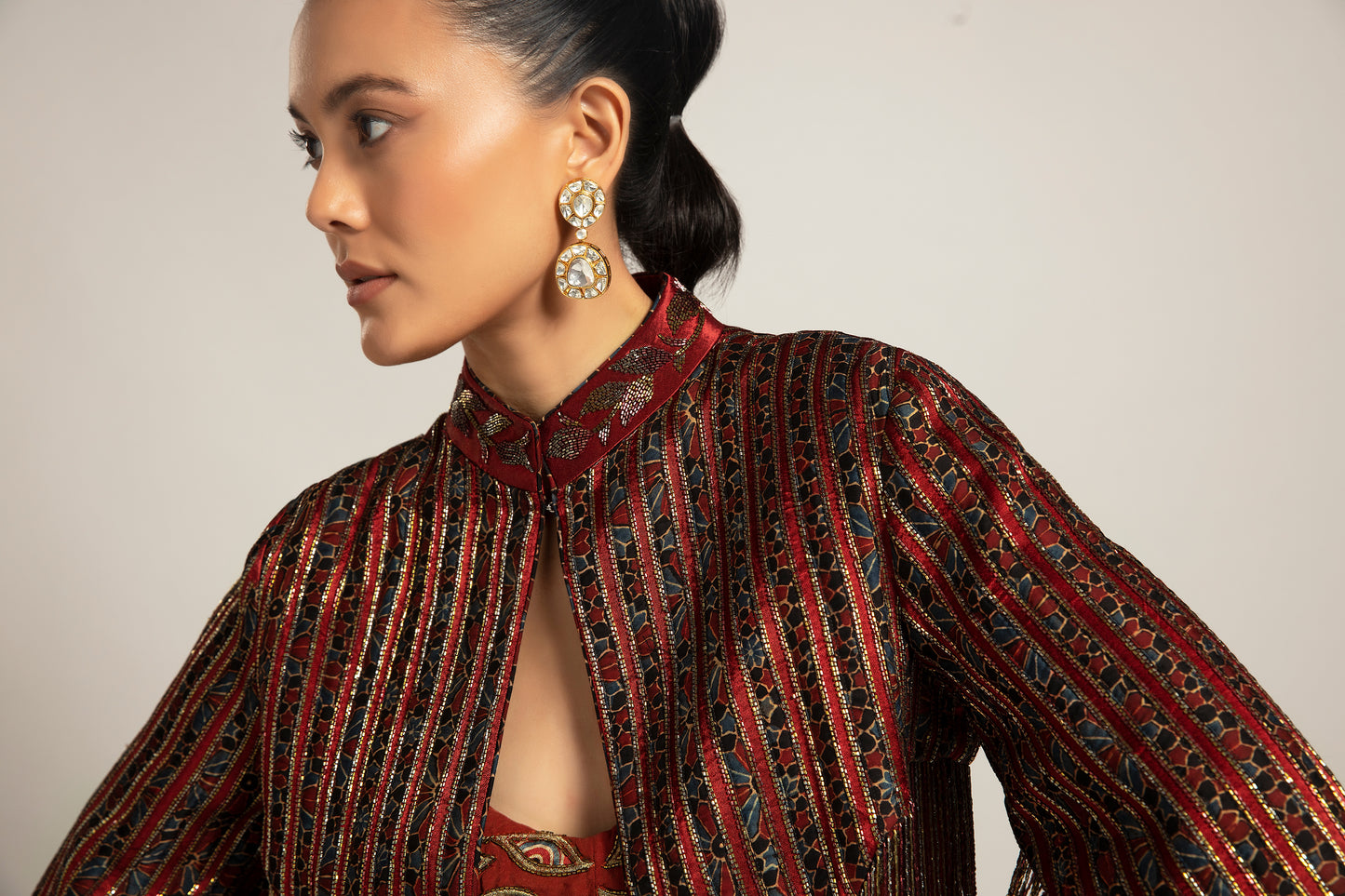 Maroon Embroidered Layered Gown with Jacket