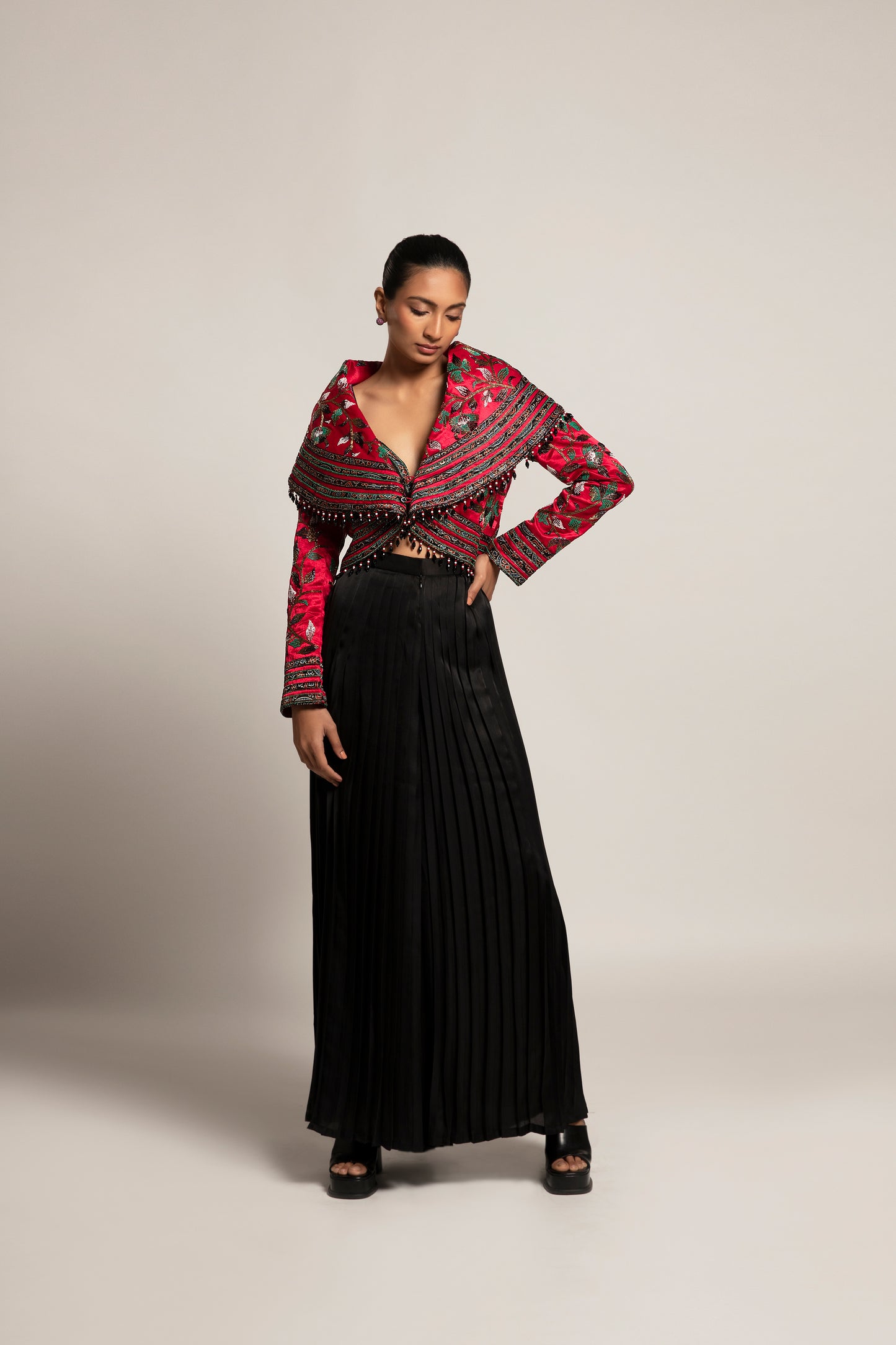 Black Leaf Embellished Cape Pant Set