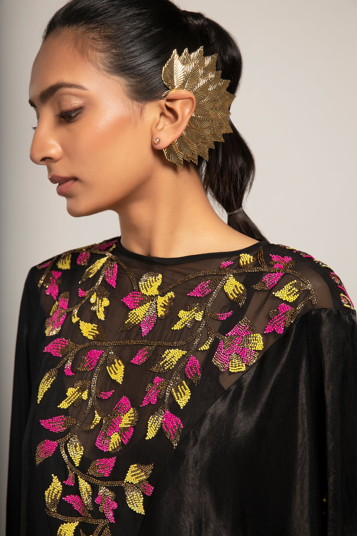 Black Organza Embellished Kaftan