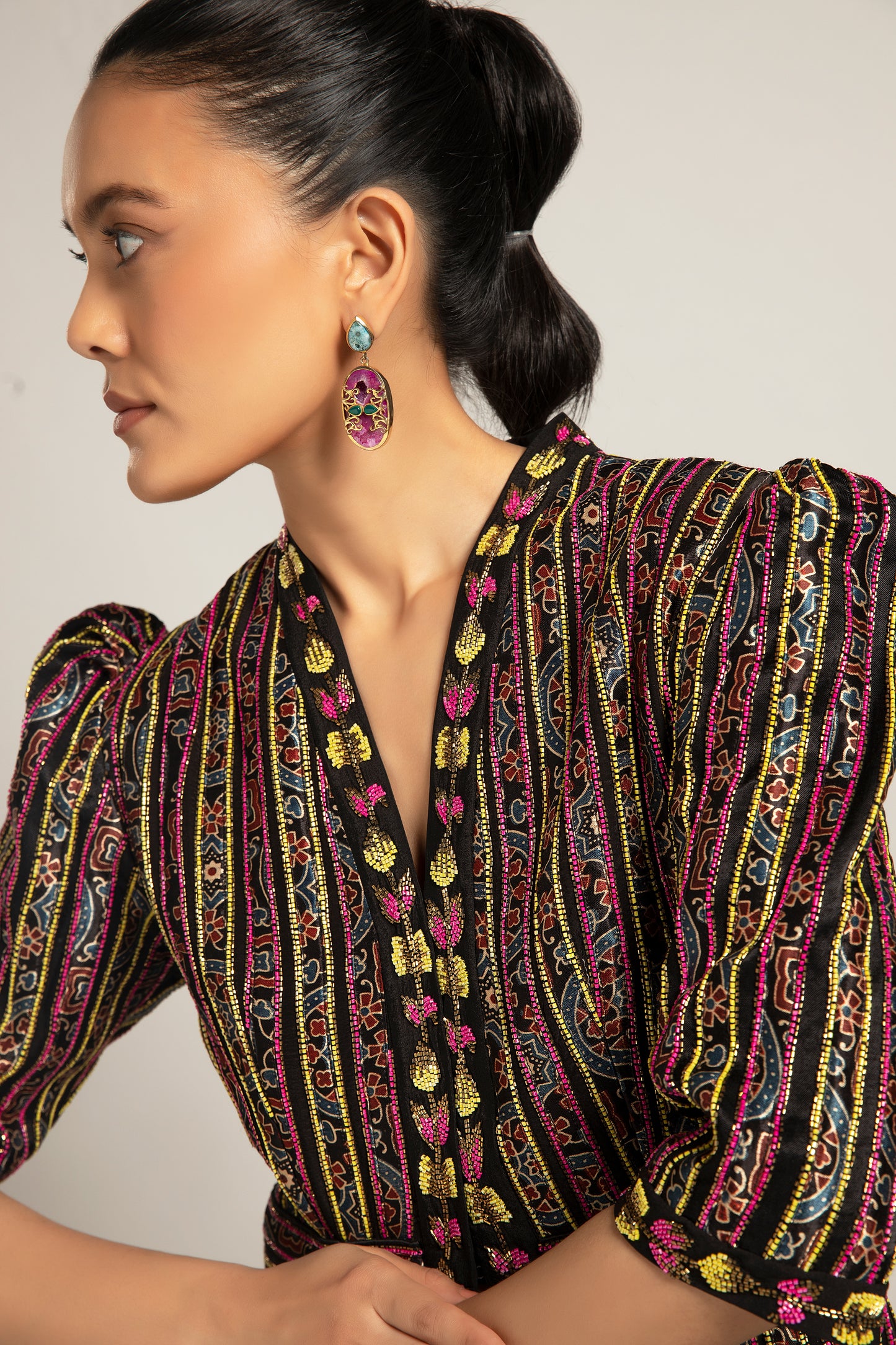 Black Strip Embellished Peplum Top and Flared Pant Set