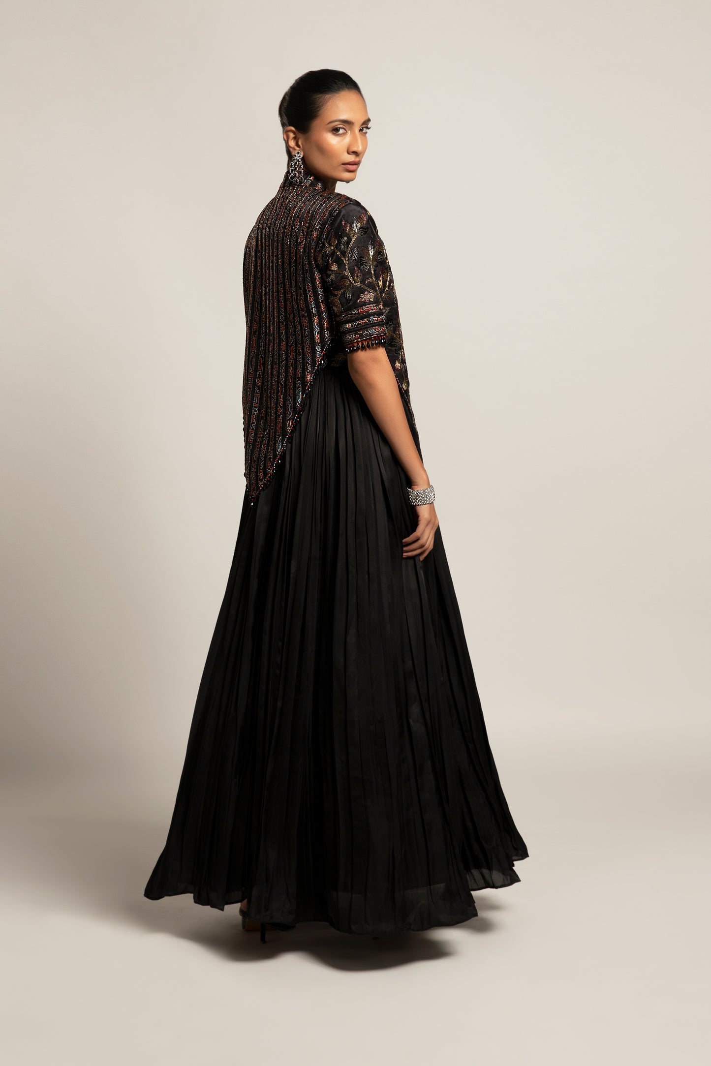 Black Gathered Gown with Embellished Jacket