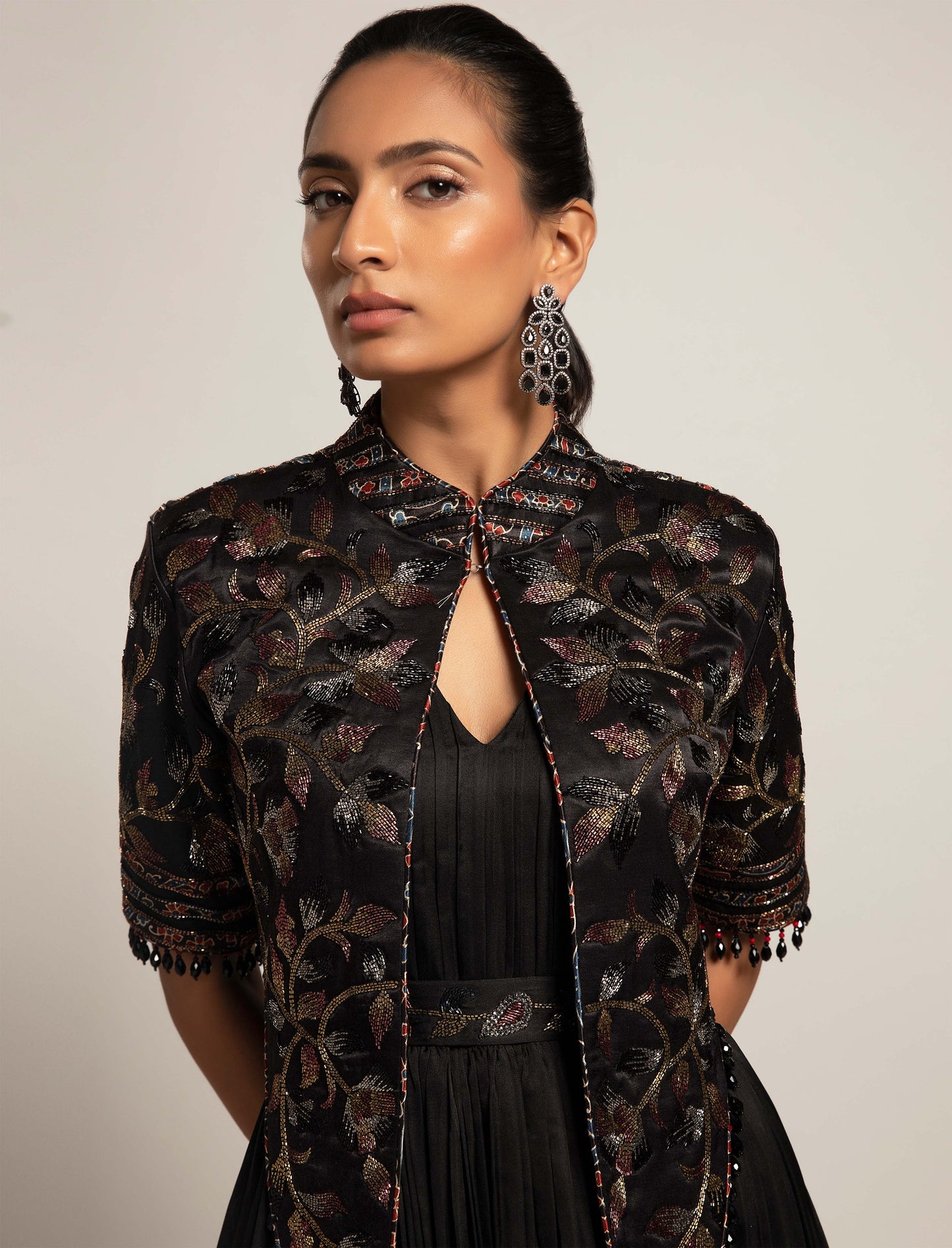 Black Gathered Gown with Embellished Jacket
