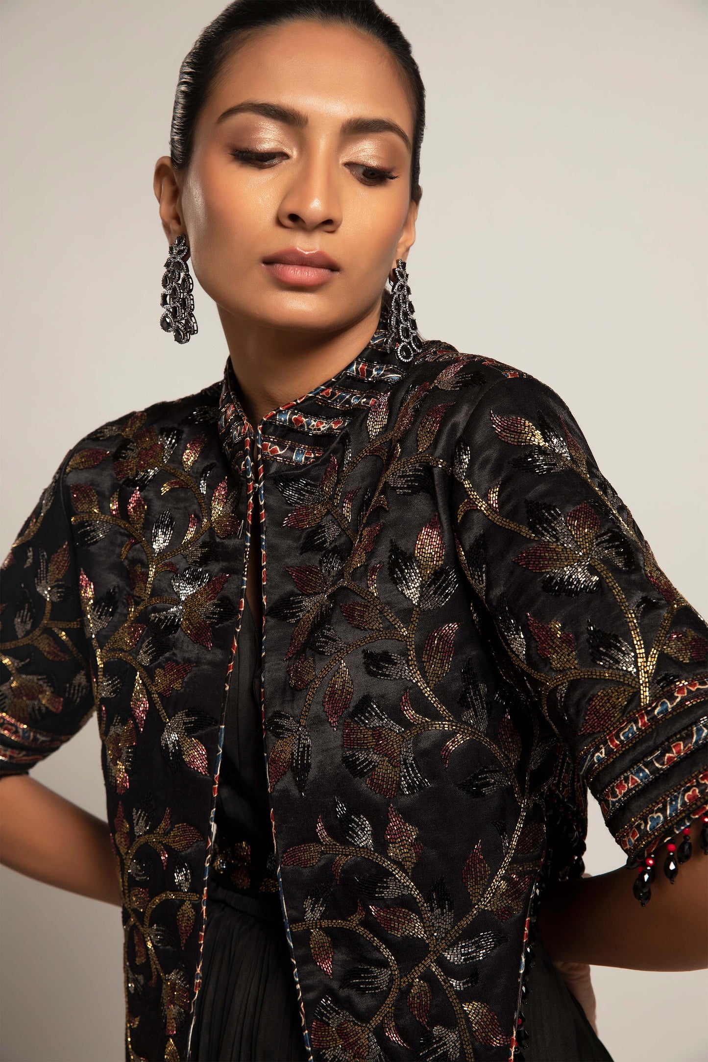 Black Gathered Gown with Embellished Jacket