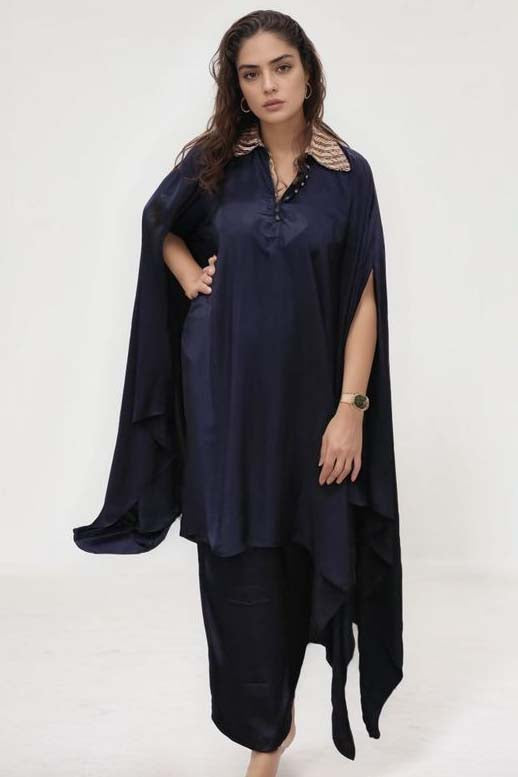 Blue ajrakh embroidered kaftan and pants set
