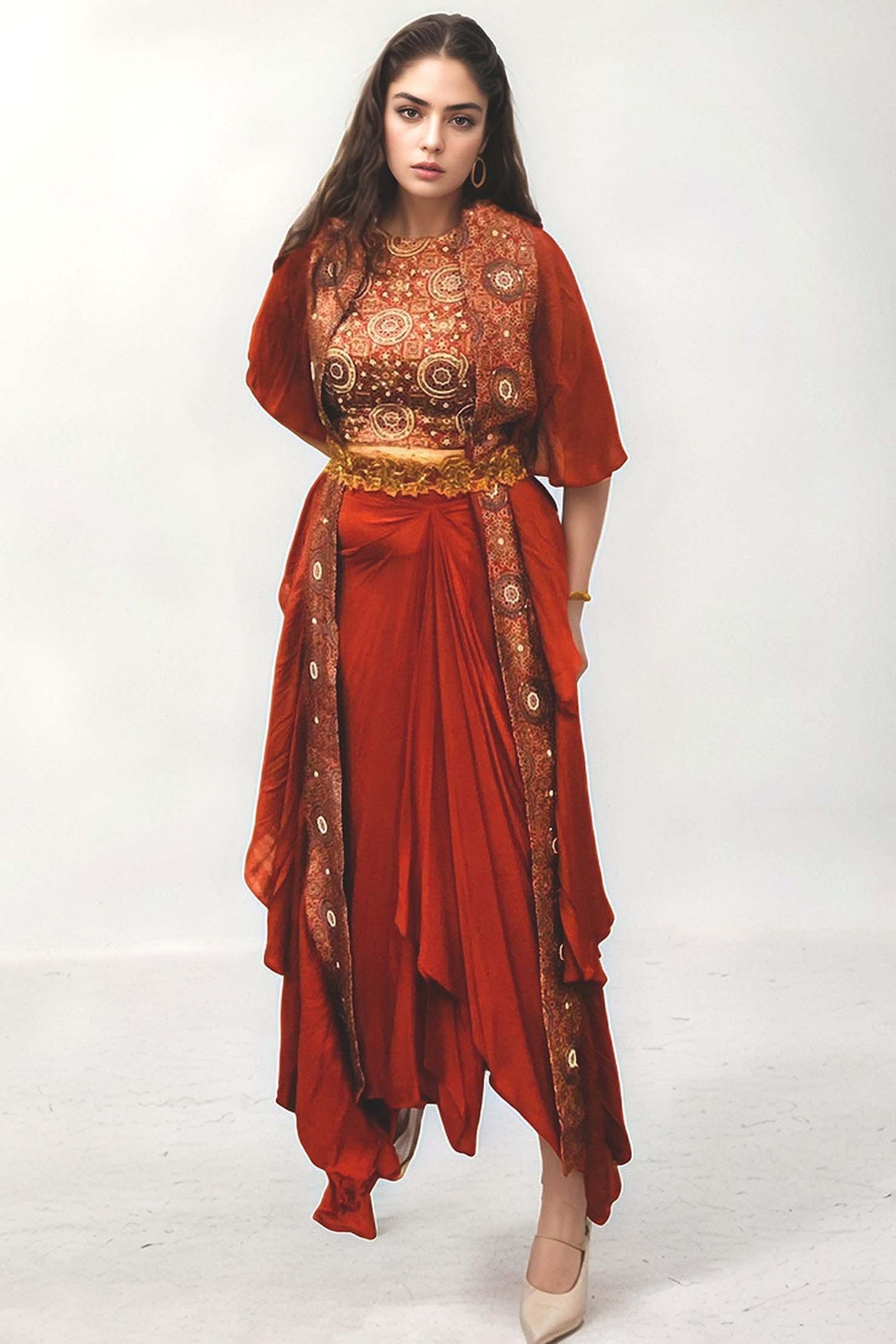 Red Ajrakh embroidered blouse, dhoti and ruffle dupatta set