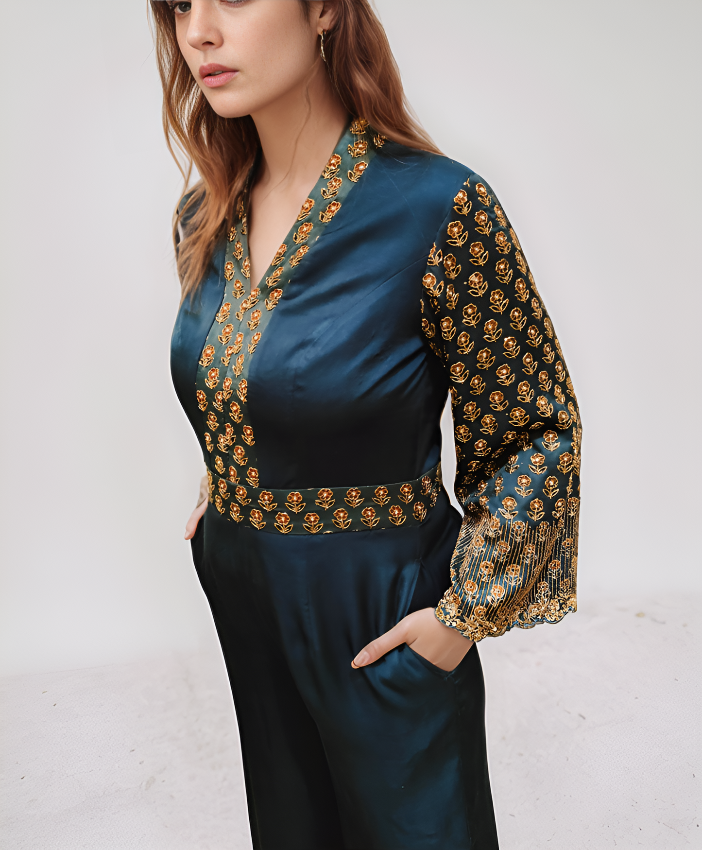 Blue Ajrakh embroidered jumpsuit