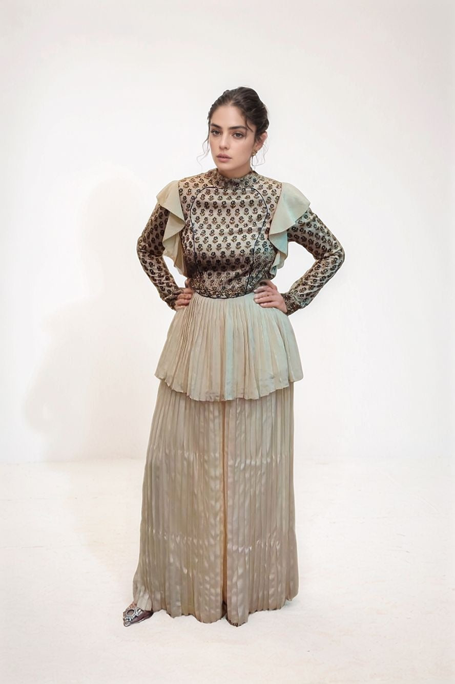 beige ajrakh plazo set