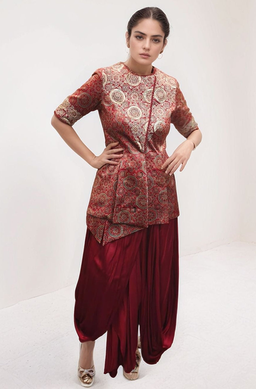 Embellished Red Jacket and Dhoti Set