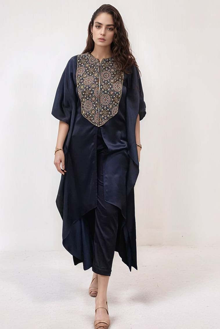 Deep blue ajrakh embellished kaftan set
