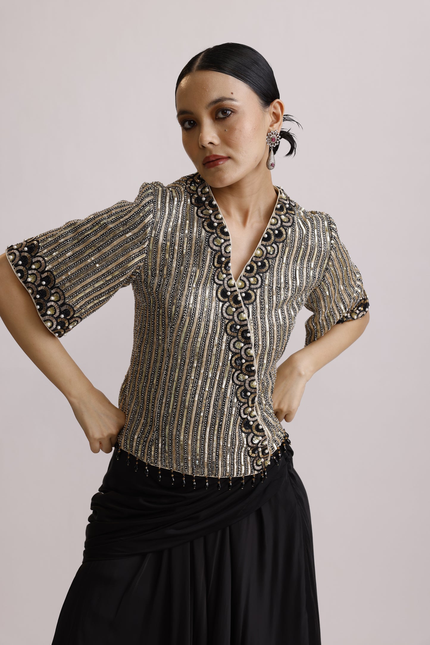 Shimmer Tissue Embroided Top with Drape Skirt