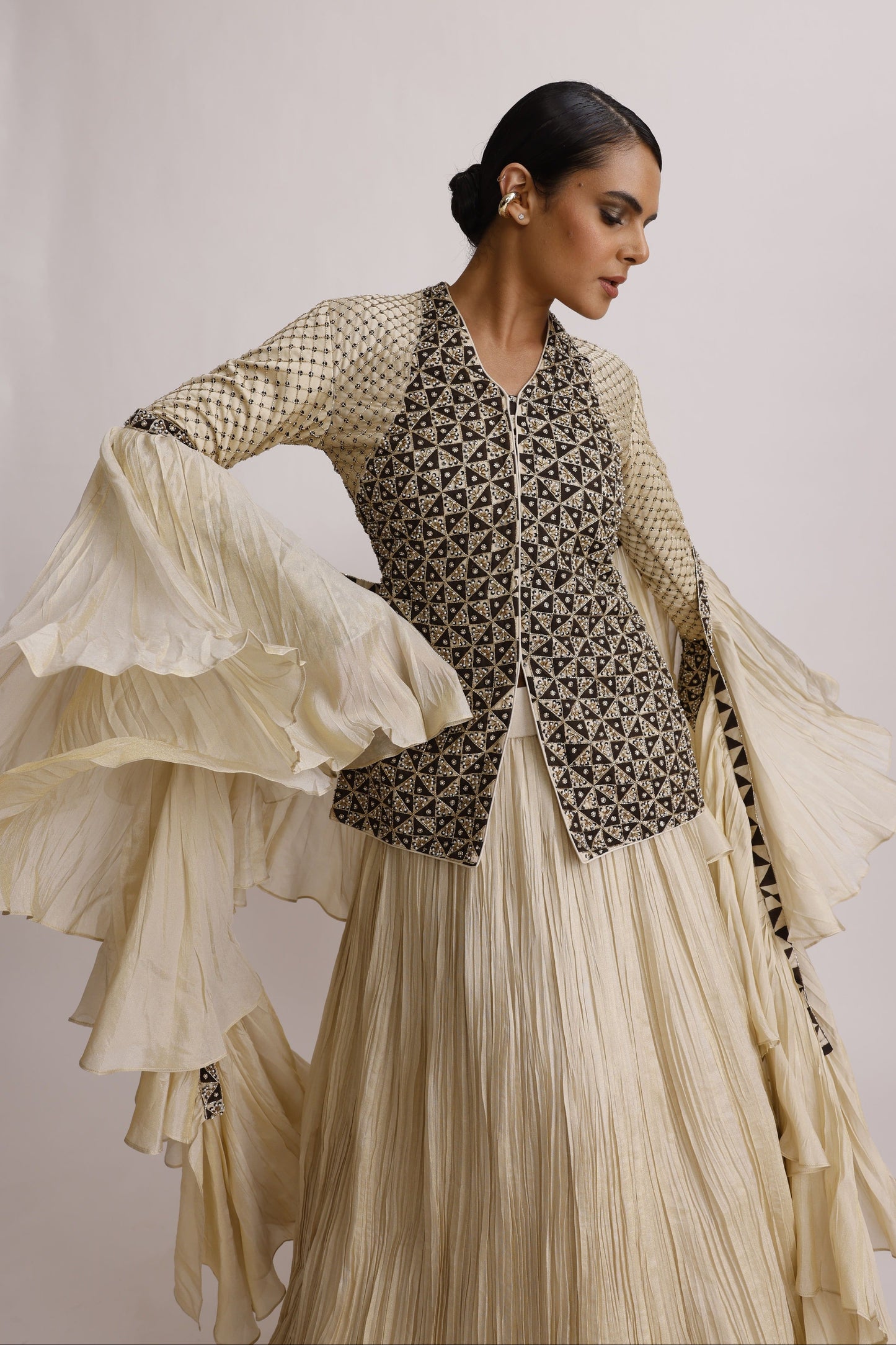 Ivory Ajrakh Jacket with Crush Skirt and Frill Dupatta