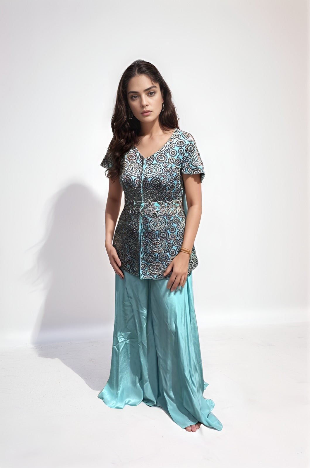 Blue ajrakh paplum jacket wth flare pants