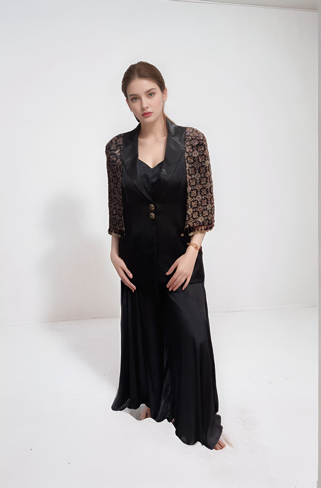 Black blazer set with bralette and flare pants