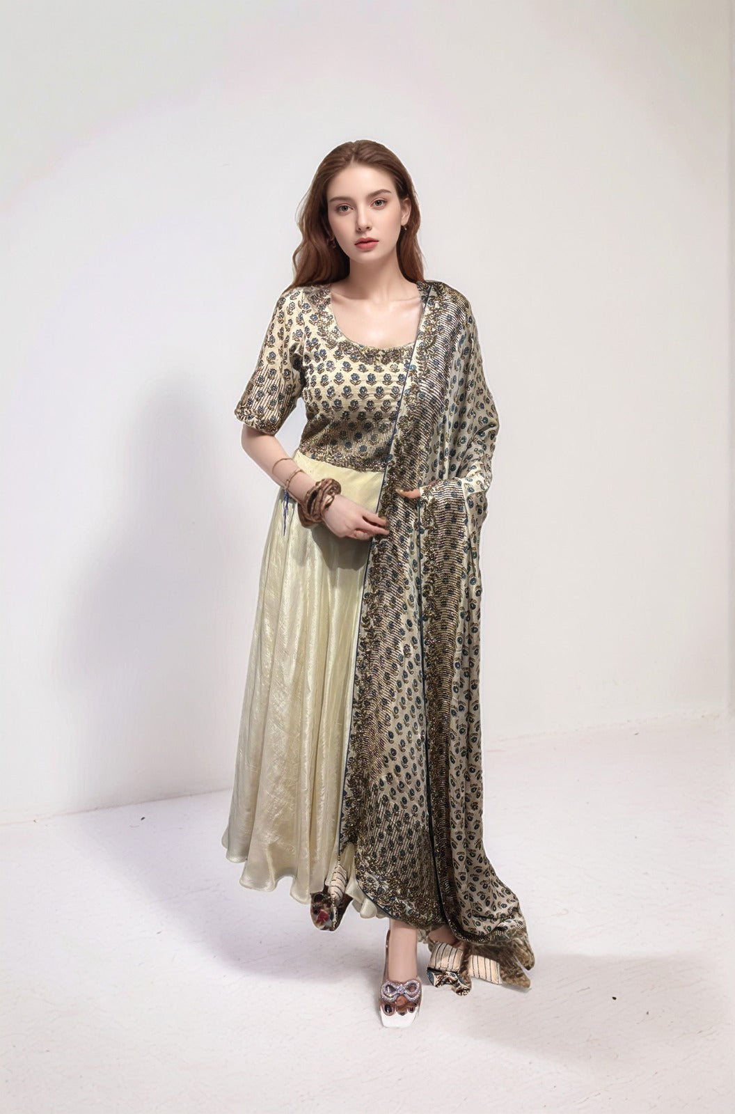 Beige ajrakh anarkali with fully embroided ajrakh dupatta