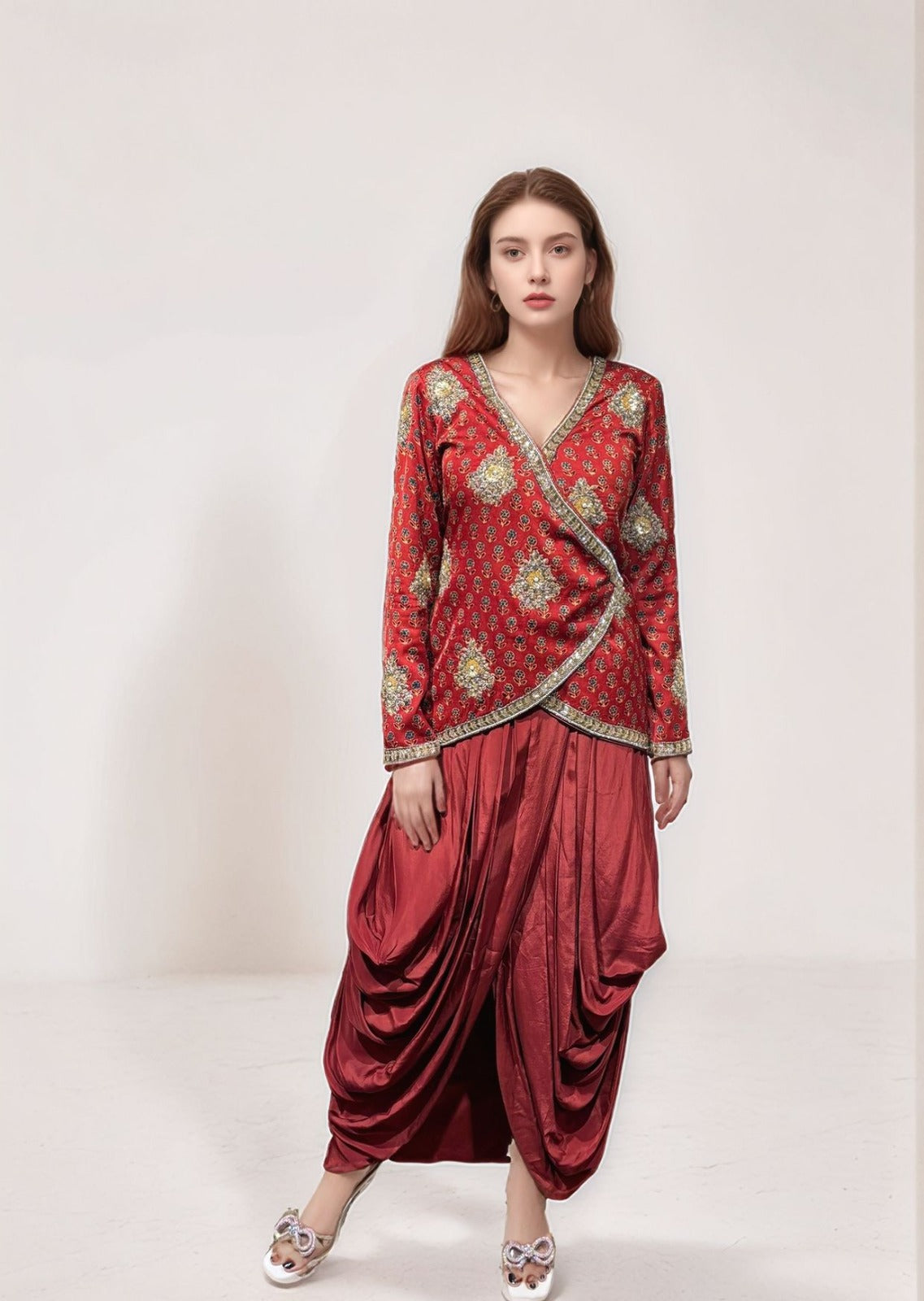 Red angarakha jacket with dhoti drape skirt