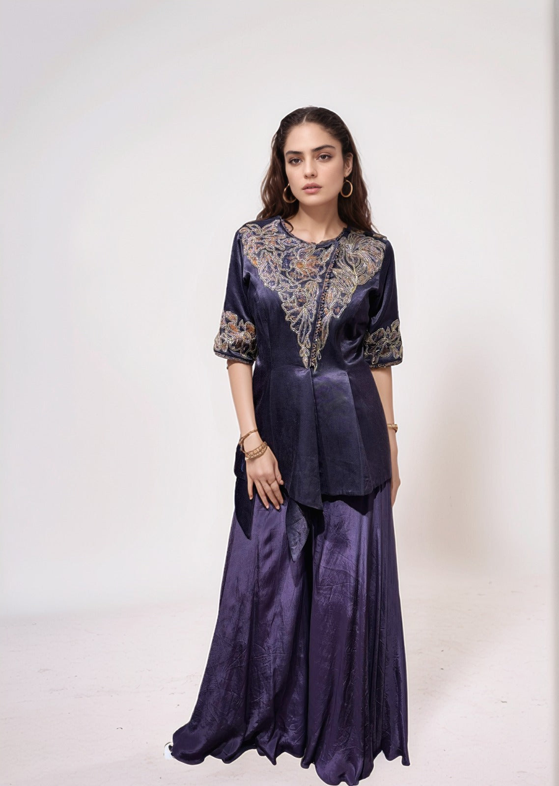 Purple ajrakh emblished jacket with flare pants