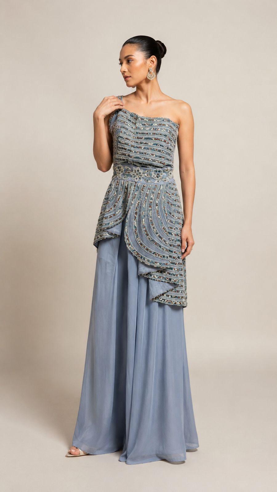 Steel Blue Embellished One-Shoulder Co-ord Set