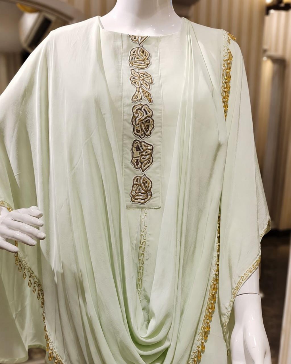 Mint Green Embellished Kaftan Co-Ord Set with Draped Dupatta