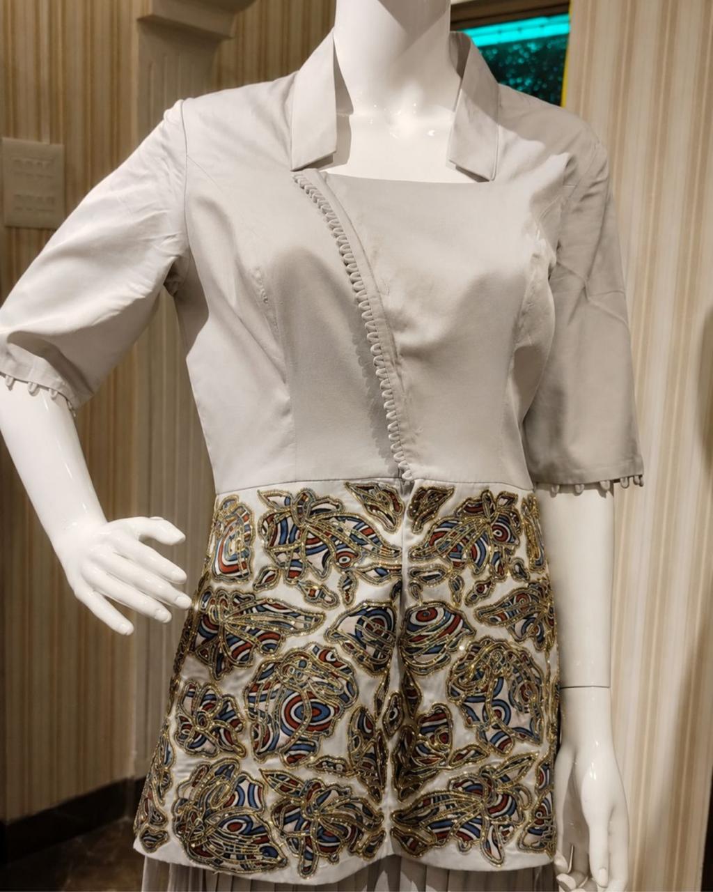 Pearl Grey Embroidered Peplum Top with Pleated Palazzo Set