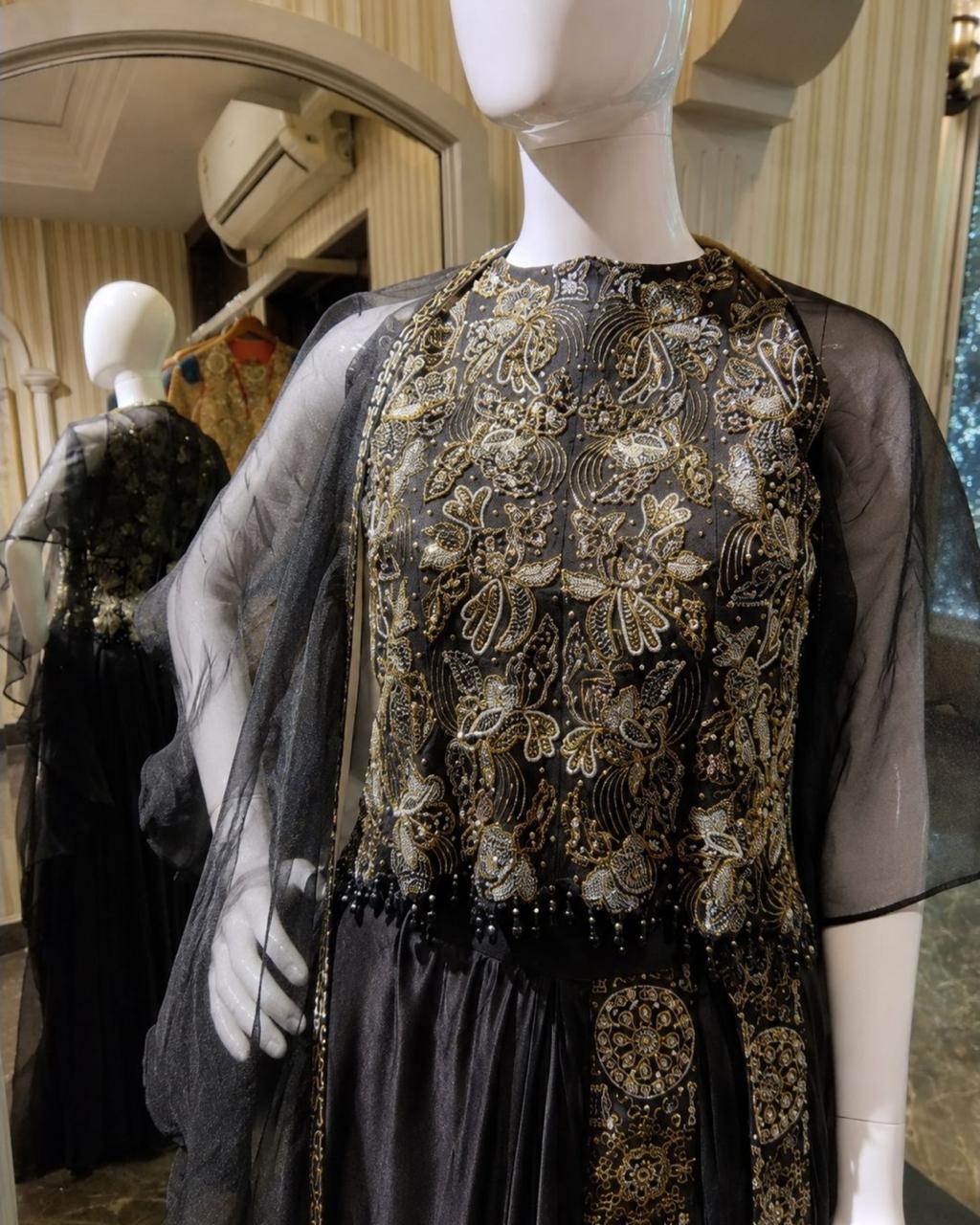 Midnight Noir Embellished Cape Gown