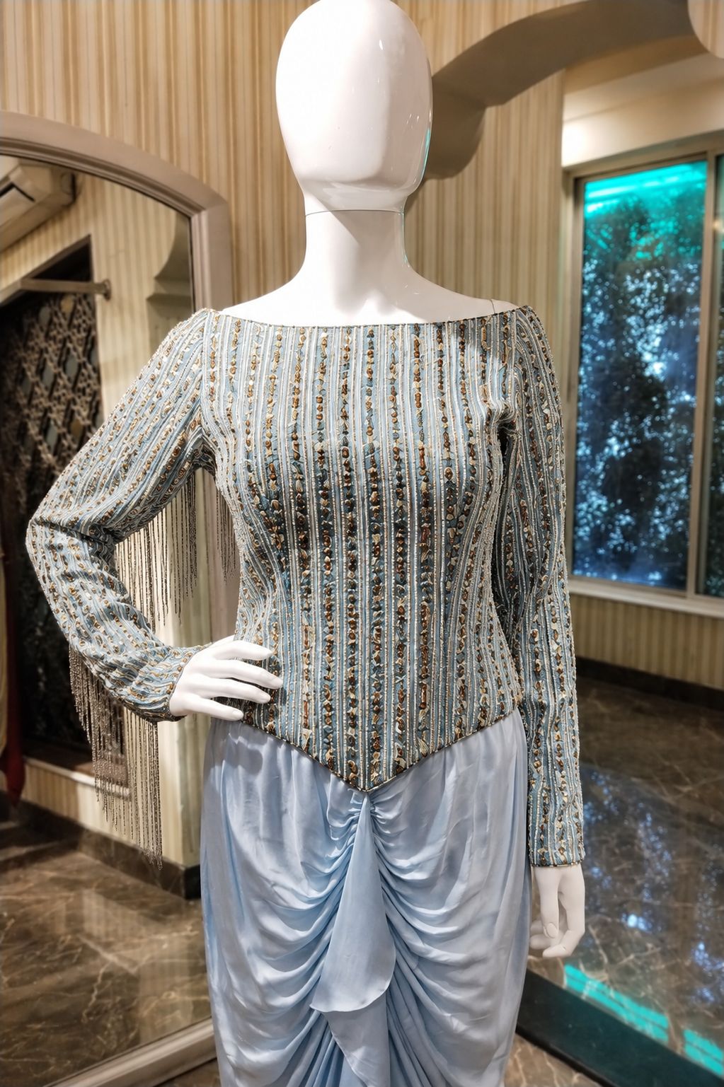 Powder Blue Off-Shoulder Embellished Draped Dress