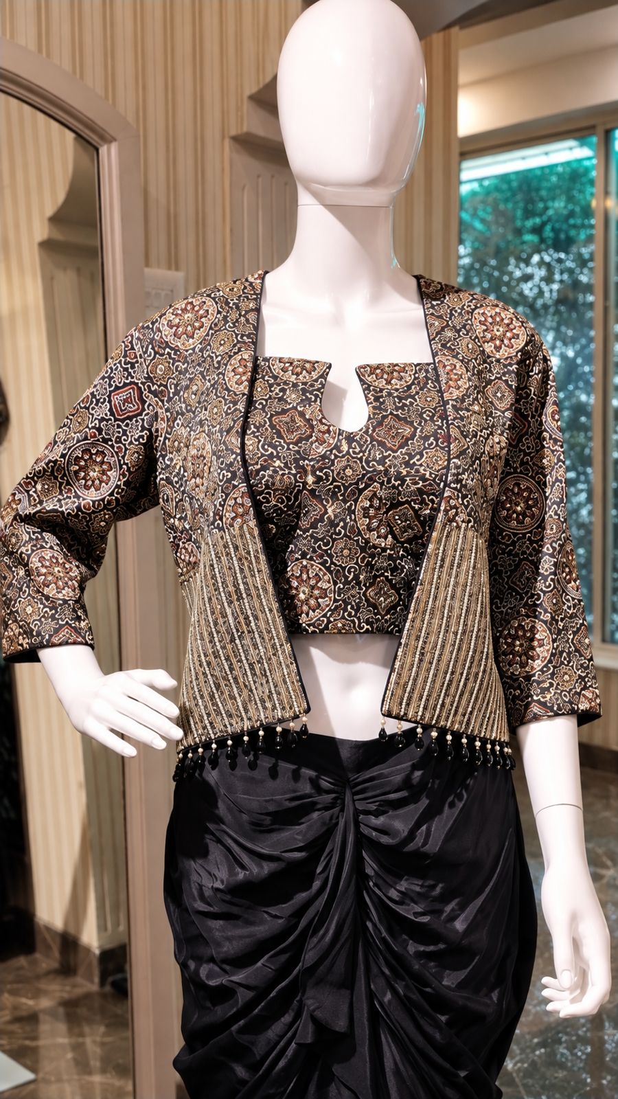 Black Draped Skirt with Paisley Cropped Jacket
