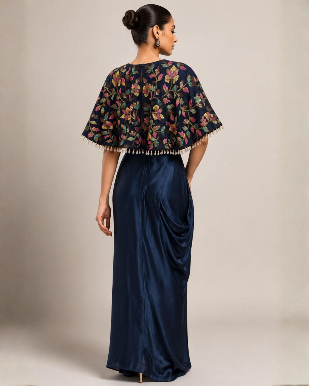 Midnight Bloom Printed Cape Top with Draped Skirt Co-ord Set