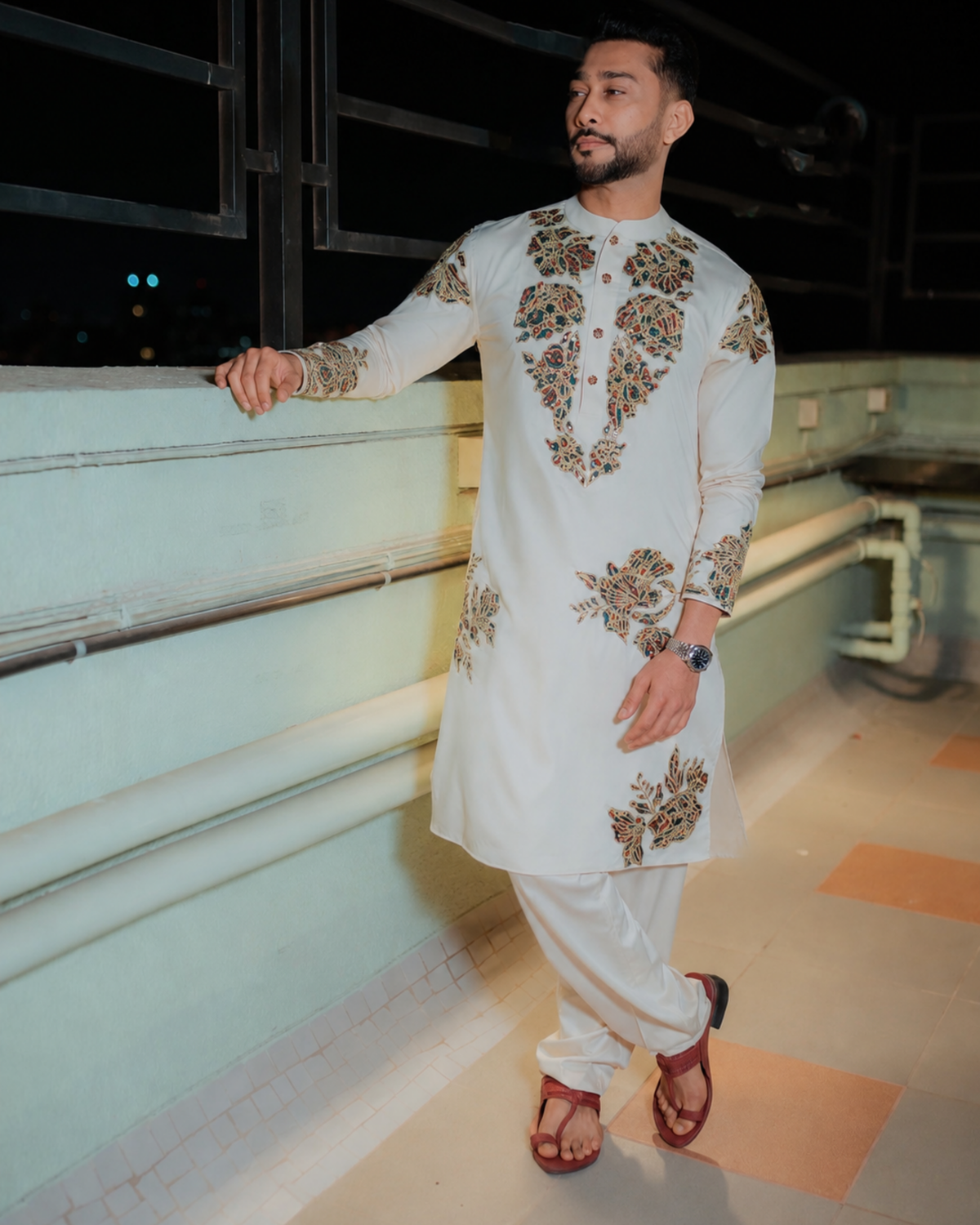 Zaid Darbar in Ivory Ajrakh Patch Embroidered Kurta Set