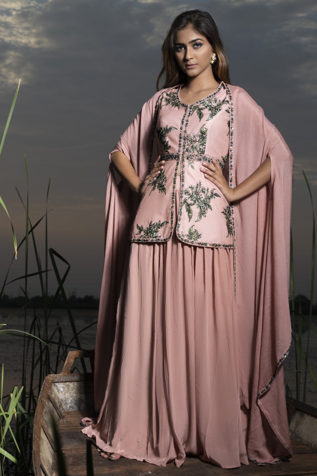 Rossa Pink Peplum top with cape and skirt