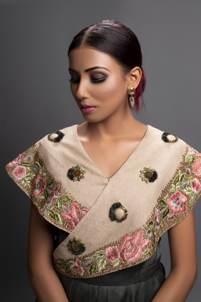 Embellished Beige & Green Drape Dress