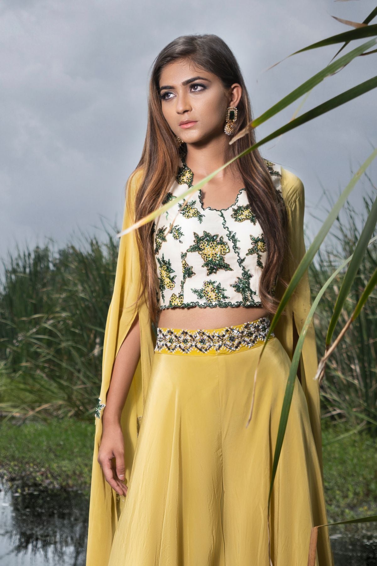 Blossom white & mustard crop top with skirt