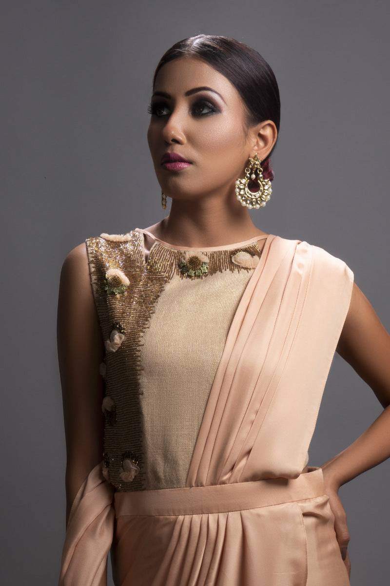 Peach Embellished Drape Saree Dress