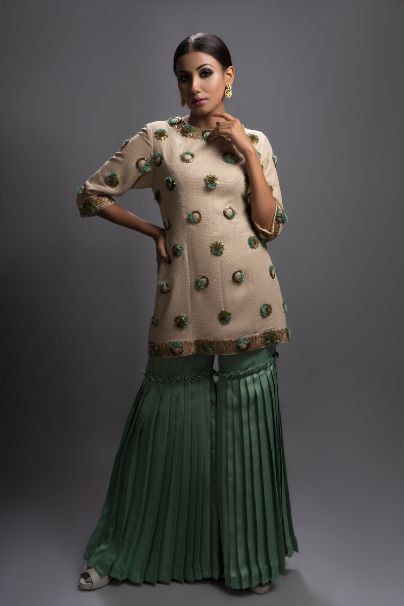 Beige & Green Embellished Gharara Set
