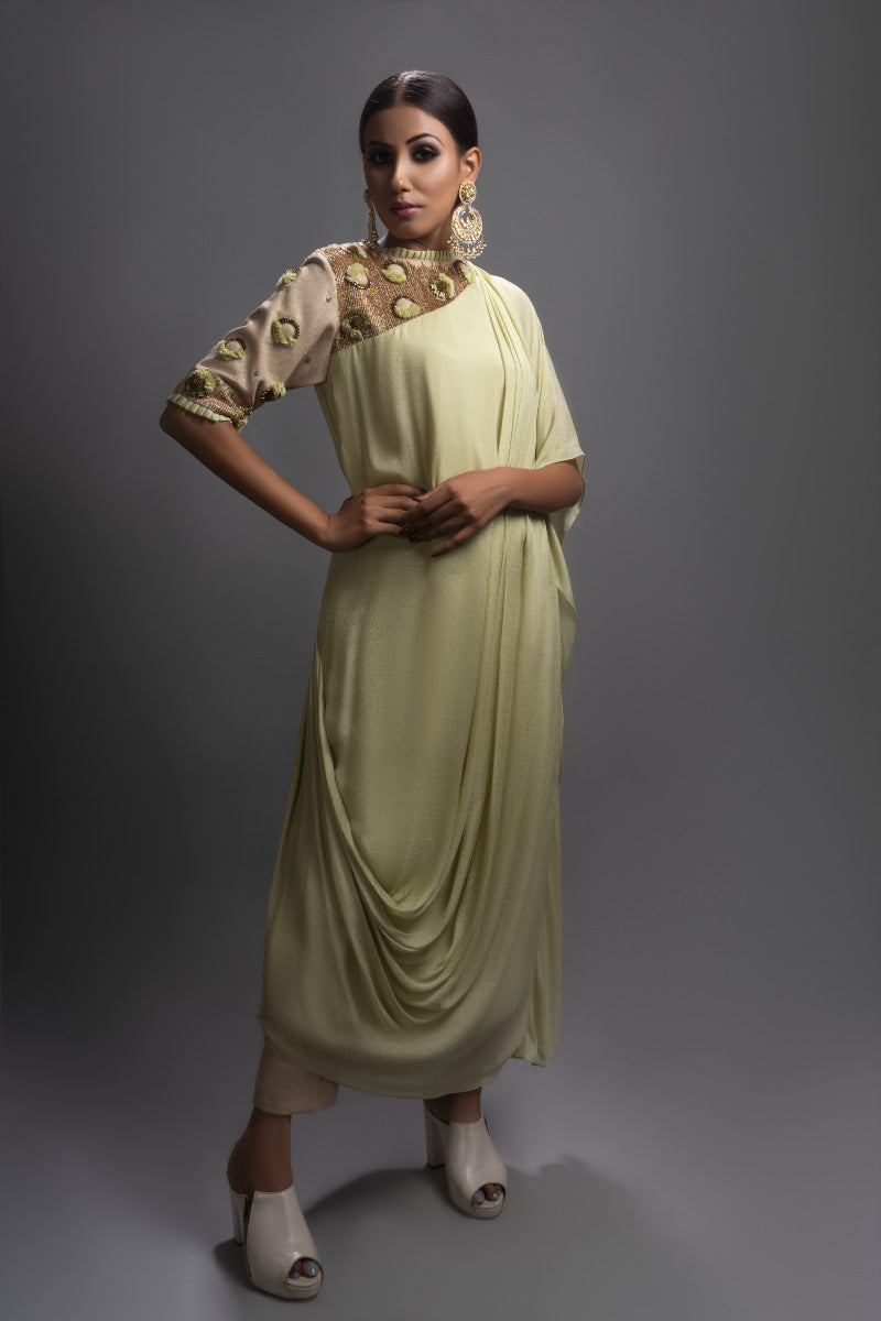 Dusky Green Embroidered Drape Tunic & Pants Set