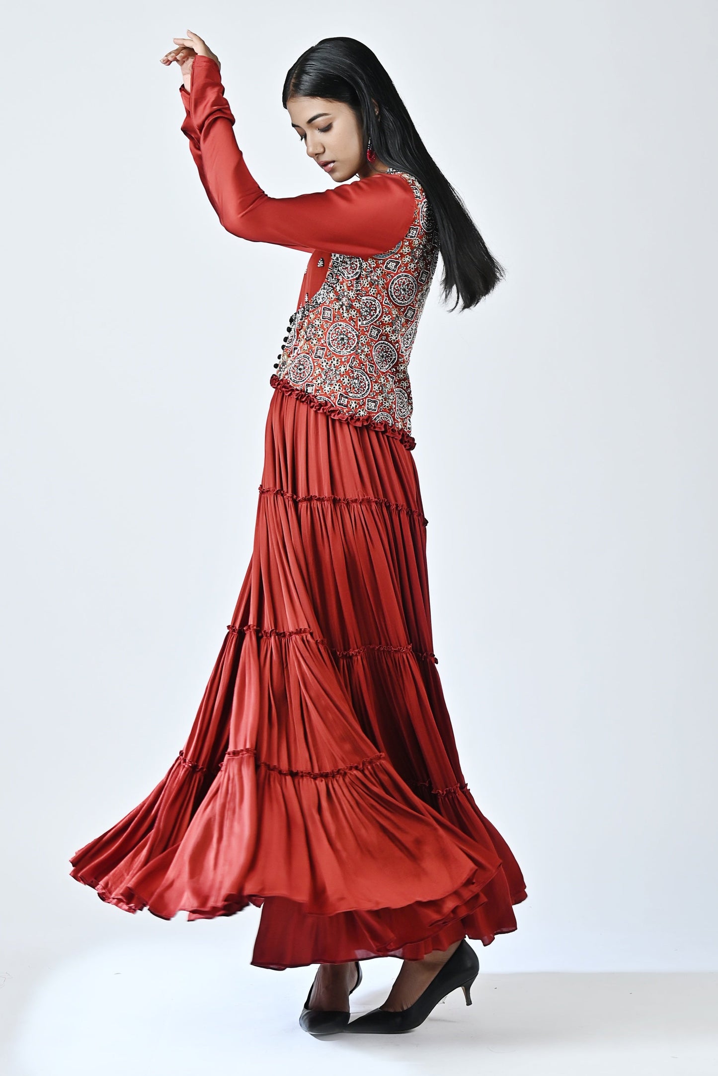 Falak Khan in Red Ajrakh Gathered Dress